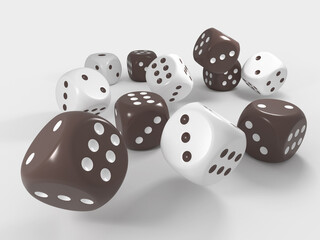 3d rendering of white and brown rolling dices with rounded corners for any illustration related to games and casino