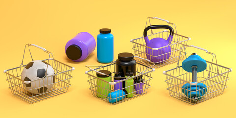 Sport equipment for fitness, gym, crossfit in shopping basket on yellow