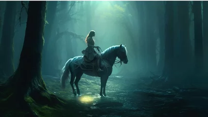 Poster Beautiful girl riding a horse in a dark forest at night. © Samira