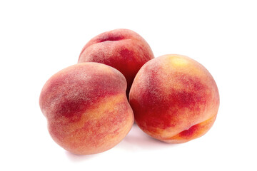  Ripe juicy peaches on white background.