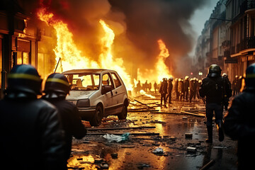 Fototapeta premium Gritty of Intense Urban Protests, Riotous Flames, and Police Action Captured in Broad Daylight created with Generative AI