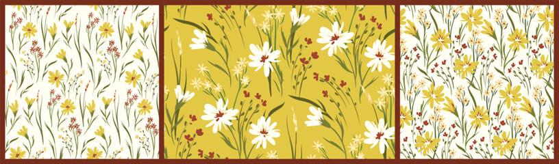 Seamless floral pattern, liberty ditsy print with small wild flowers in the collection. Cute botanical design in natural colors: tiny hand drawn flowers, herbs, leaves, different backgrounds. Vector. - obrazy, fototapety, plakaty
