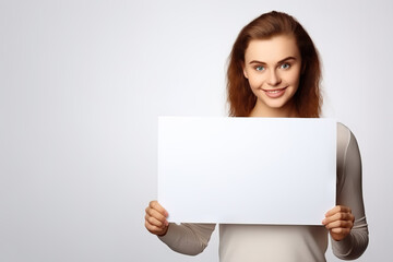 Your Message, Her Canvas Beautiful White Woman Holding a Blank Placard, Offering Empty Space for Customization and Advertisement. created with Generative AI