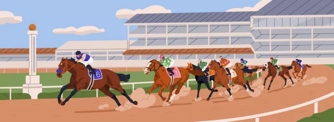 Zelfklevend Fotobehang Jockeys riding horses on race track. Equestrians on racehorses competing on racetrack, running at fast speed on racecourse, hippodrome, turf. Equine sports competitions. Flat vector illustration © Good Studio