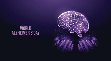 World Alzheimer's Day concept. Two human hands are holds human brain. Futuristic modern abstract background. Vector illustration