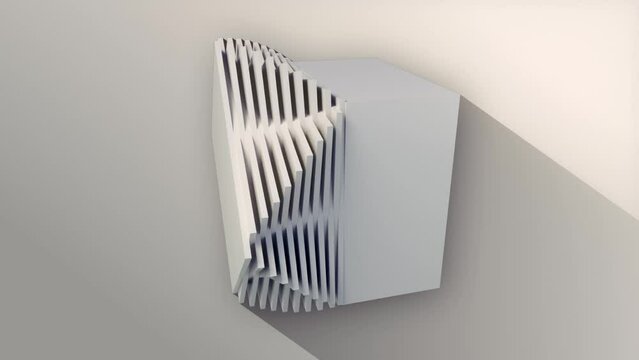 Optical illusion of a fantastic transformation of a light gray rotating cube. Digital seamless loop animation background. 3d rendering. HD resolution