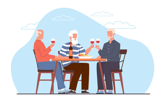 Concept of elderly friends vacationing, grandfathers sitting at table in cafe, drinking wine and talking. Senior people in cafe drink alcohol. Vector cartoon flat isolated pensioner illustration