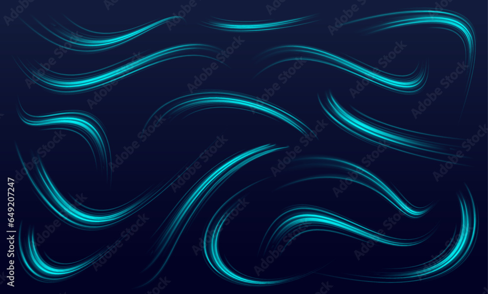 Poster Visualization of large data traffic, dynamic high speed data flow in the form of neon line of various shapes: stripe, zigzag, arc and curve. Expressway, the effect of car headlights. 