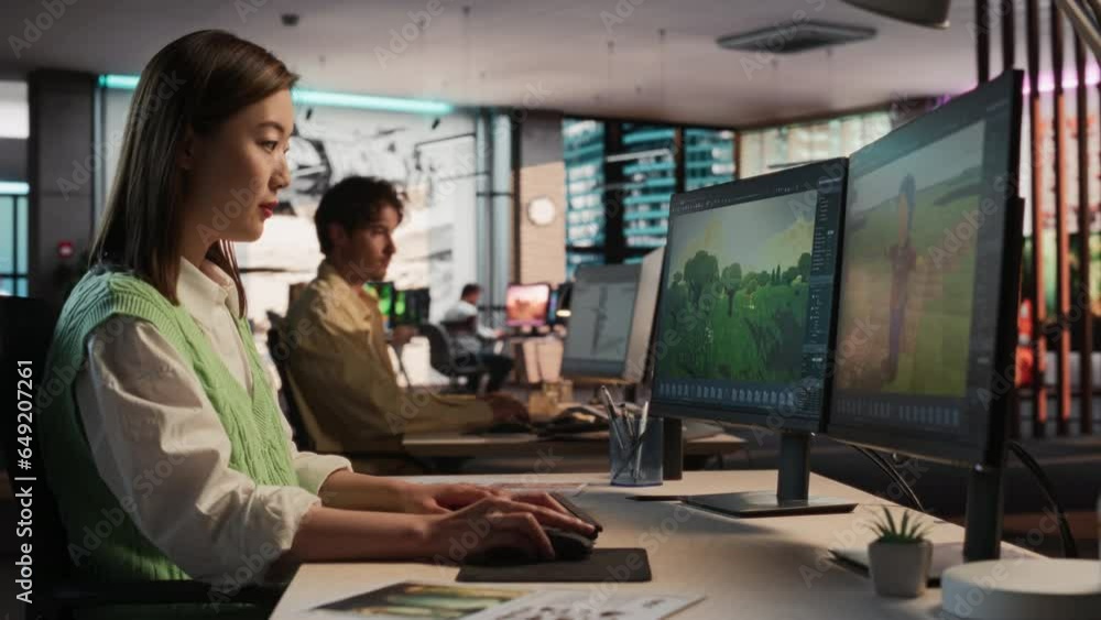 Poster Asian Woman Using Desktop Computer And Designing In 3D modelling Software Unique World And Characters For Survival Video Game In Diverse Office. Female Game Designer Creating Immersive Gameplay.