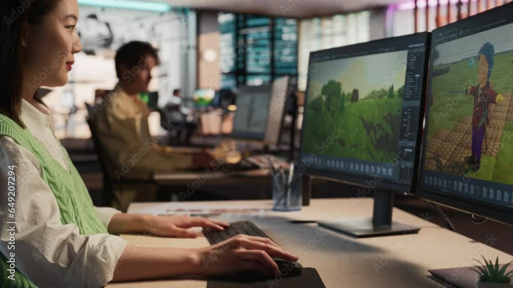 Aufkleber Female Asian Game Developer Using Desktop Computer, Designing Unique World And Characters In 3D modelling Software For Survival Video Game. Creative Woman Working In Diverse Game Design Studio Office.