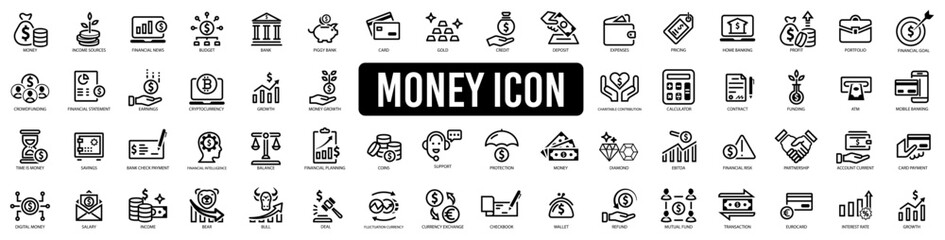 Money or financial vector icon set. Dollar coin, money stack, wallet, symbols.