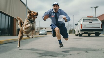dog chasing a mail man - obrazy, fototapety, plakaty