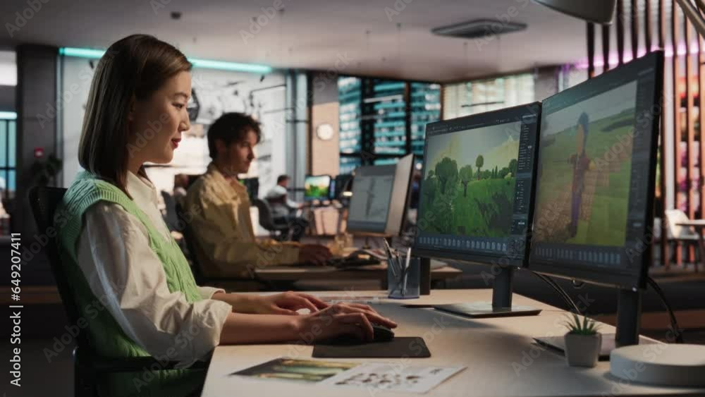 Aufkleber Creative Asian Woman Using Desktop Computer And Designing In 3D modelling Software Unique World And Characters For RPG Video Game In Diverse Office. Female Game Designer Creating Immersive Gameplay.