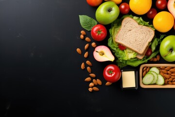 lunch with sandwich and vegetables on black background top view