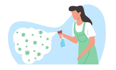 Disinfection cleaning with alcohol spray, woman cleans up germs and bacteria and viruses in house. Hygienic protective cleaner. Professional detergent. Cartoon flat isolated vector concept