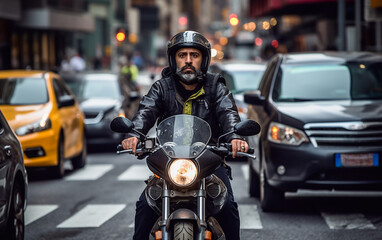 Fototapeta na wymiar Motorcyclist riding his motorbike in a busy city street