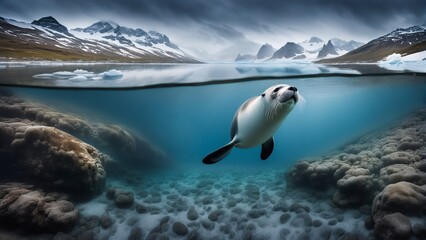 Foto einer Robbe in der Arktis. Abbildung zur Hälfte über und zur anderen Hälfte unter Wasser. Durch den Klimawandel bedrohte Natur.