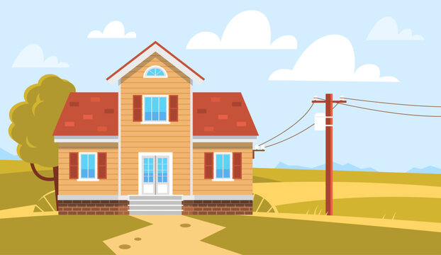 Electricity supply of private house. Cables and transformers, high voltage electricity grid pylons, distribution power energy and supply. Cartoon flat style isolated vector concept