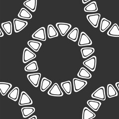 Abstract seamless vector pattern with round geometric shapes, symbols. Frames of triangles with rounded corners. Tribal pattern. Geometric shapes pattern. White shapes, isolated on black background.
