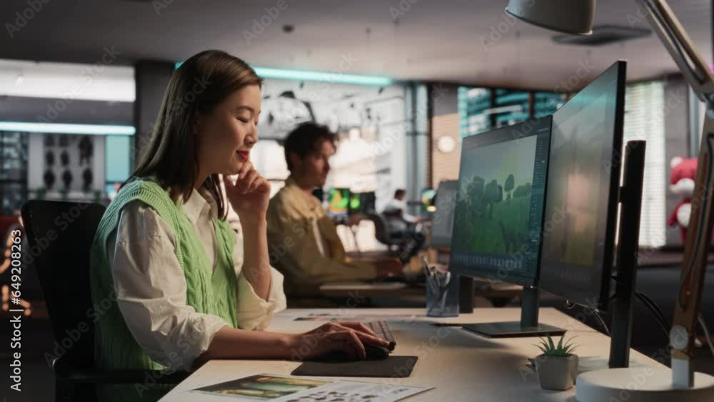 Leinwandbilder Female Asian Game Designer Using Desktop Computer, Designing Unique World And Characters In 3D modelling Software For Adventure Video Game. Woman Working In Diverse Game Development Studio Office.