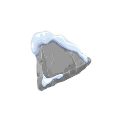 Stone board with snowdrift, vector triangle shape frame, frozen rock pointer banner with cracked, winter direction block