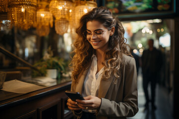 Young woman using smartphone for online shopping in a coffee shop made with AI