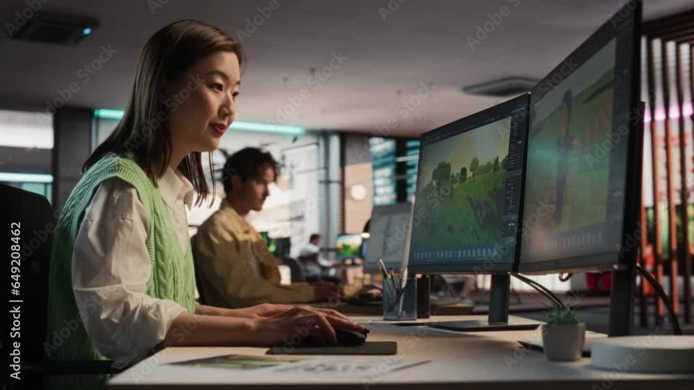 Poster Female Asian Game Developer Using Desktop Computer, Designing Unique World And Characters In 3D Modeling Software For Adventure Video Game. Creative Woman Working In Diverse Game Design Studio Office.