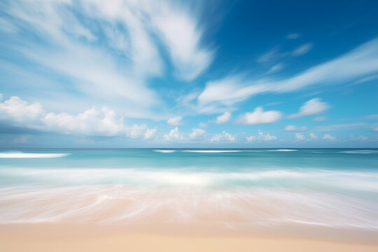 tropical sand beach in the background of a beautiful blue sky with long exposure clouds. travel concept of vacation and holiday. 