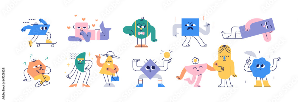 Poster cute geometric characters set. funny shapes with happy face expressions, emotions. geometry figures 