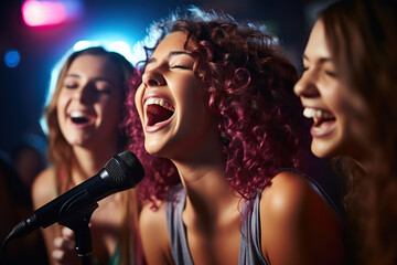 Diverse Young Friends Uniting in Song and Laughter at a Lively Karaoke Party in a Vibrant Nightclub. created with Generative AI