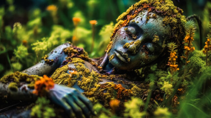 An Unsettling Image of a Human Statue Engulfed by Jungle Flora, Nature&rsquo;s Oxidation Unsettling Growth of a Human in the Jungle