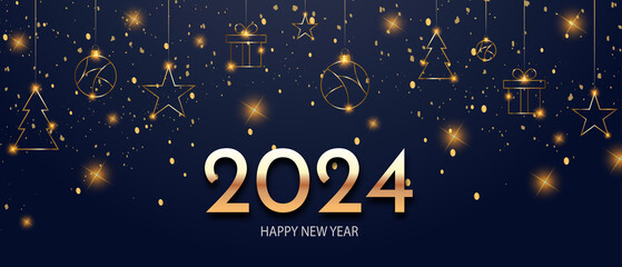 Happy new 2024 year background with golden elements. Holiday winter greeting banner. PNG image	
 - obrazy, fototapety, plakaty