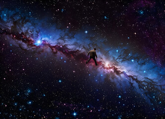 Fototapeta na wymiar Man running across endless universe with sparkling stars, galaxies, and nebulas in outer space. Amazing Cosmos Background. Digital illustration. CG Artwork Background
