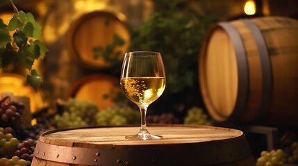 A glass of white wine in a candle lit restaurant wine cellar. Glass of green wine standing on a table in a barrel storage, tasting. Composition of a champagne glass with grapes in a luxury restaurant.