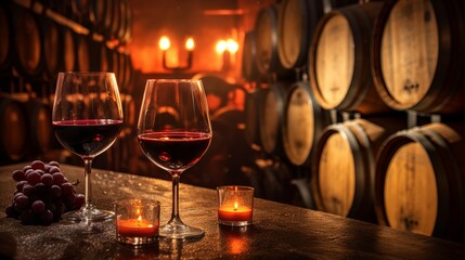 Two glasses of red wine in a candle lit winery restaurant. Glasses of red wine standing on a table in a winery cellar with barrels, tasting. Composition of red wine in a stem glass in a restaurant.