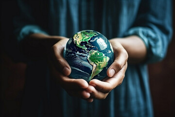 Global responsibility: Hands cradle the Earth, symbolizing a commitment to environmental care and the collective effort to protect our planet. A concept of global ecological responsibilit