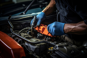 Skilled hand performs mechanical car service, ensuring meticulous engine maintenance in an automotive garage. Expert repair for a smoothly running vehicle. - obrazy, fototapety, plakaty
