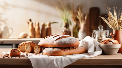 variety of bread on the table, sourdough bread, baguette, food photography style, bakery advertisement, artisan bread