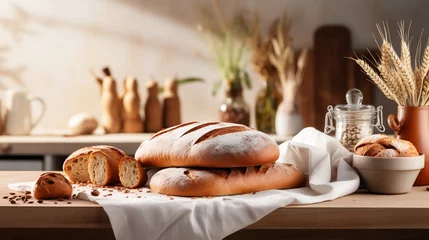 Abwaschbare Fototapete Bäckerei variety of bread on the table, sourdough bread, baguette, food photography style, bakery advertisement, artisan bread