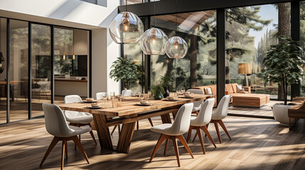 Modern luxury dining: A contemporary and elegant dining room design in a cozy house, creating a stylish and inviting atmosphere for sophisticated home dining experiences