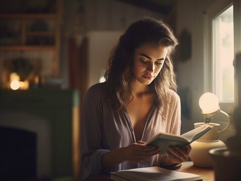 Caucasian woman reading the book at home.