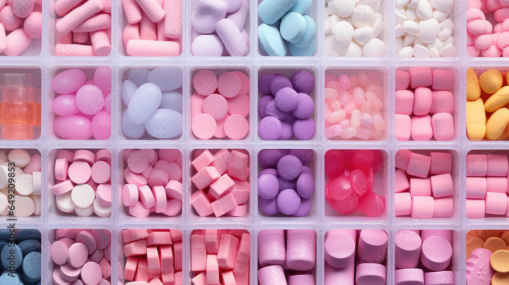 Wall mural Top view of various pills and a bunch of medical capsules in a pillbox with square compartments. Creative wallpaper for vitamins, bads and supplements, medicines. 