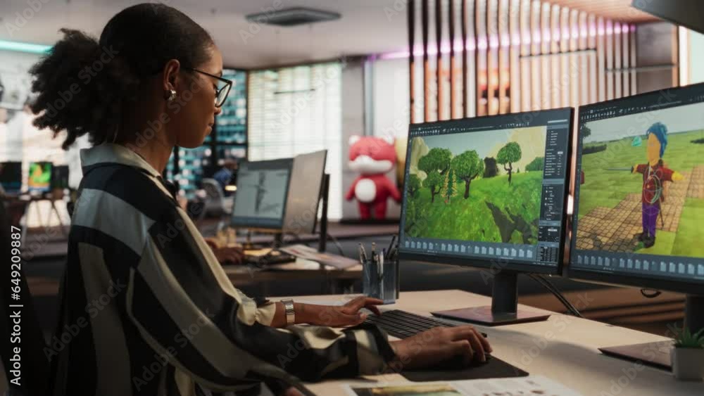 Poster Female Black Game Developer Using Desktop Computer, Designing Unique World And Characters In 3D modelling Software For RPG Video Game. African American Woman Working In Game Design Studio Office.