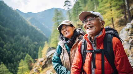 Elderly Asian couple with backpacks in the mountains, embarking on an adventurous journey. Generative ai. - obrazy, fototapety, plakaty