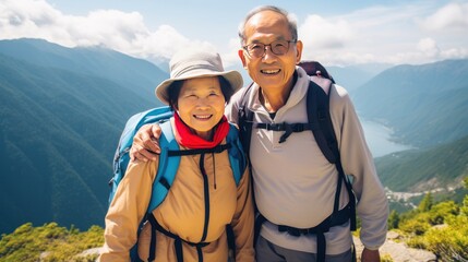 Obraz na płótnie Canvas Elderly Asian couple with backpacks, amidst mountains and overlooking the serene sea. Generative ai.