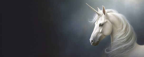 white unicorn portrait, panoramic layout. Generative Ai