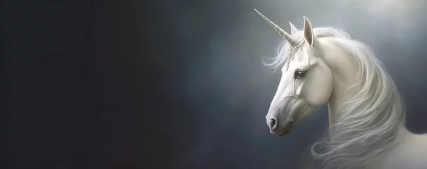 Foto op Plexiglas white unicorn portrait, panoramic layout. Generative Ai © Alexandra