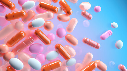 Above view of various pills and a bunch of medical capsules isolated on flat background with copy space. Creative wallpaper for vitamins, dietary supplements, medicines. 
