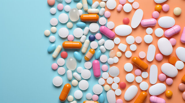 Above view of various pills and a bunch of medical capsules isolated on flat background with copy space. Creative wallpaper for vitamins, dietary supplements, medicines. 