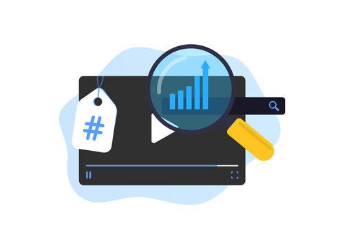 Video Keyword Research concept. Optimize video channel media content for search engine. Find Most Popular Keywords and Tags. Vector illustration isolated on white background with icons